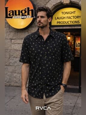 RVCA Black Short-Sleeve Button-Down Shirt with Print